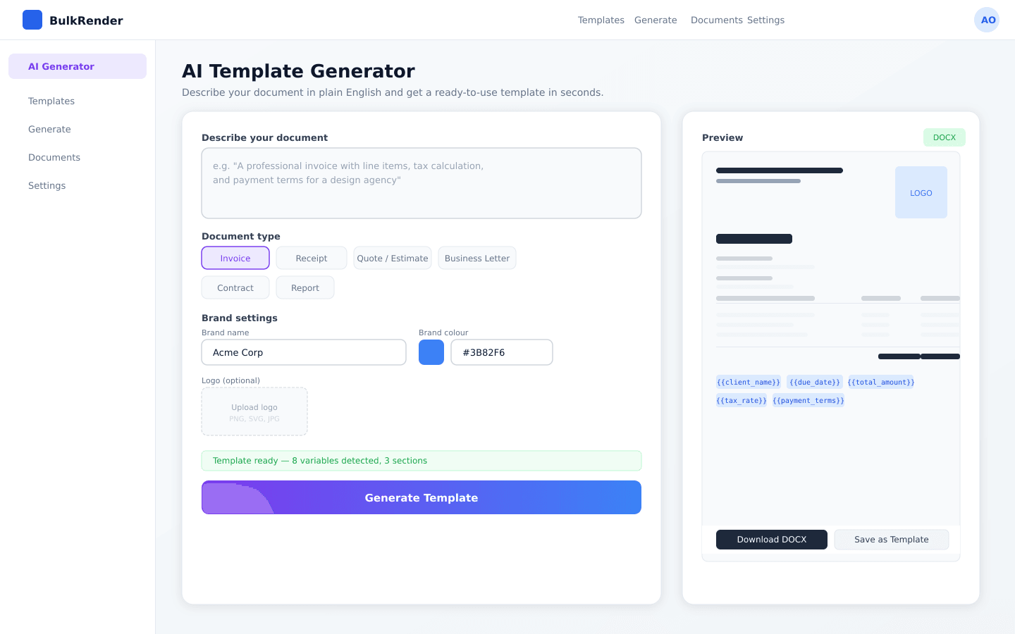 BulkRender AI Template Generator: describe your document, pick a document type, set brand settings, and preview the generated DOCX template